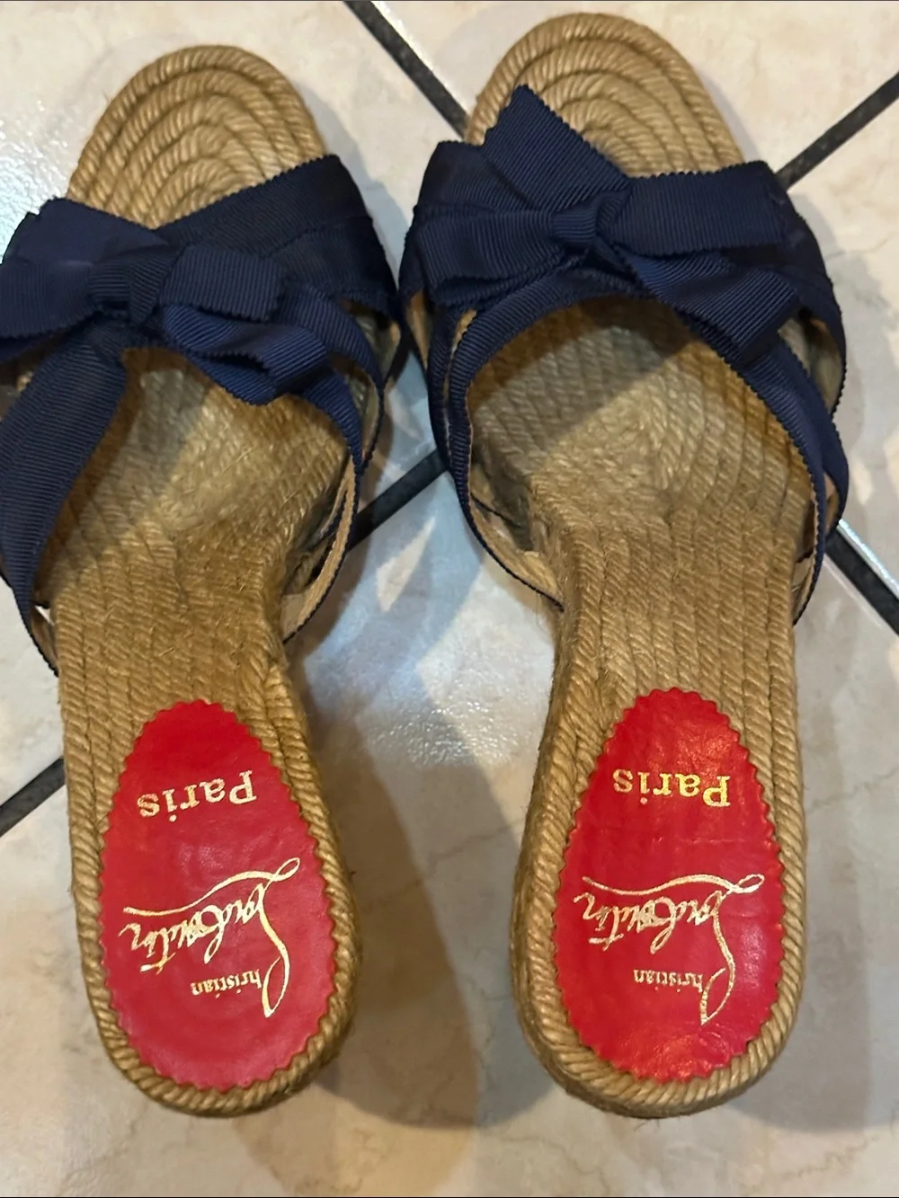 Christian Louboutin Navy Bow Rope Wedge Slides used in good condition